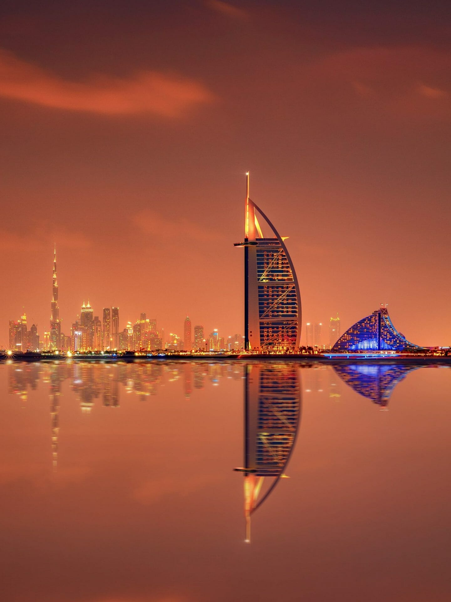 Beautiful skyline of Dubai city at night in United Arab Emirates